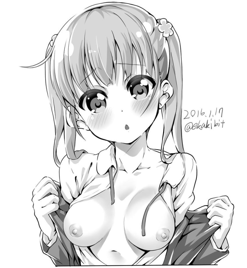 :o blouse blush breasts clothing ekakibito eyebrows eyebrows_visible_through_hair female flower greyscale hair_flower hair_ornament highres monochrome new_game! open_blouse open_clothes solo suzukaze_aoba tied_hair twintails