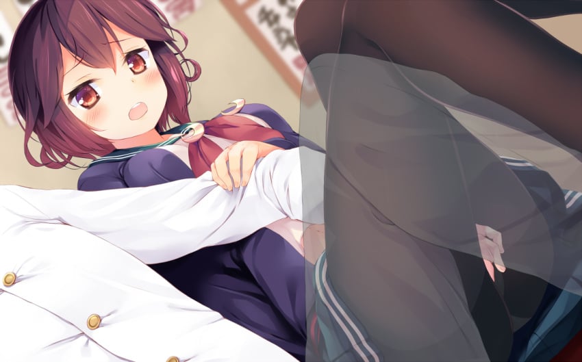 :o admiral_(kantai_collection) arm_grab arm_holding bangs black_legwear blurry blush breasts brown_hair crescent depth_of_field dutch_angle embarrassed eyebrows eyebrows_visible_through_hair female fingering from_below hair_between_eyes hidden jacket kantai_collection komone_ushio male messy_hair military military_uniform miniskirt mutsuki_(kantai_collection) naval_uniform open_clothes open_jacket open_mouth out_of_frame panties panties_under_pantyhose pantyhose pleated_skirt public red_eyes red_hair school_uniform secret serafuku short_hair sitting skirt solo_focus stealth_sex straight transparent underwear uniform white_panties