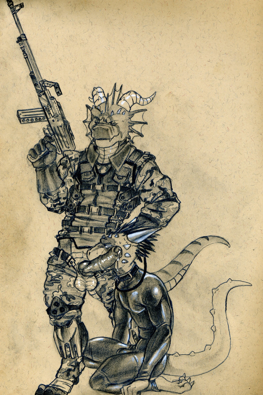 2016 anthro argonian balls bodysuit camo clothing collar costume digitigrade domination dragon duo feathers gun hi_res holding_leash holding_object horn leash licking male male_domination medial_ring military monochrome pencil_(artwork) penis precum ranged_weapon reptile rubber sairaks scalie sideways_oral the_elder_scrolls thorphax tight_clothing tongue tongue_out traditional_media_(artwork) tush uniform video_games weapon yaoi