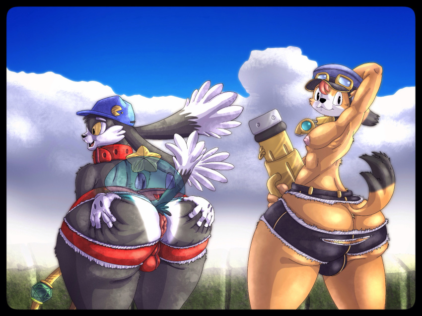 2boys anus armpits ass ass_cleavage balls bent_over big_ass butt_crack cabbit clothed clothing eyewear feline femboy goggles goo hat headgear huepow hybrid klonoa klonoa_(series) lagomorph lastik looking_back male male_only mammal mamoru-kun multiple_boys rabbit skimpy spread_ass spreading tail_concerto tight_clothing topless torn_clothing yellow_eyes