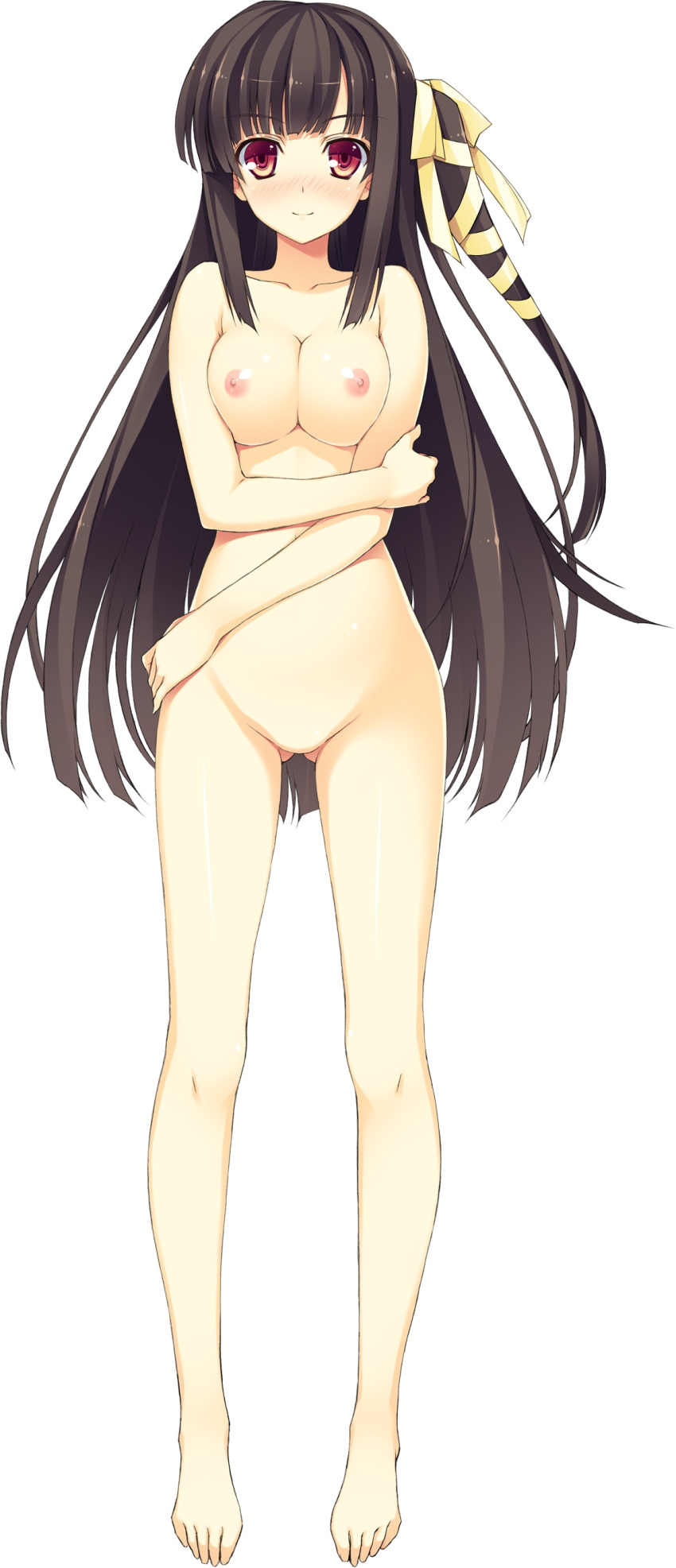 absurdres black_hair breast_hold breasts female full_body highres koikishi_purely_kiss large_breasts long_hair nude red_eyes shidou_mana simple_background solo white_background yuuki_hagure