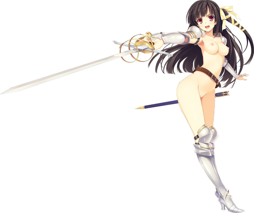 absurdres armor armored_boots black_hair boots breasts female full-length_portrait full_body full_length highres koikishi_purely_kiss long_hair no_bra no_panties pointy_chin portrait red_eyes shidou_mana simple_background smile solo standing sword weapon white_background yuuki_hagure