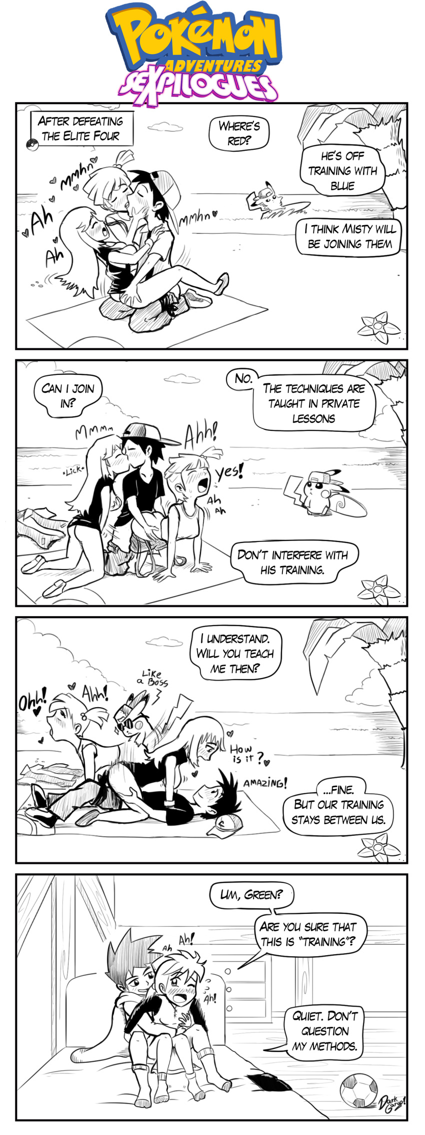 4koma beach black_and_white blue_oak dark_gargo green_(pokemon) human misty_(pokemon) nintendo palm_tree penetration pikachu pokemon pokemon_adventures pokemon_rgby pokephilia red_(pokemon) sex speech_bubble staryu sunglasses surfboard threesome vaginal_penetration yellow_(pokemon) zoophilia