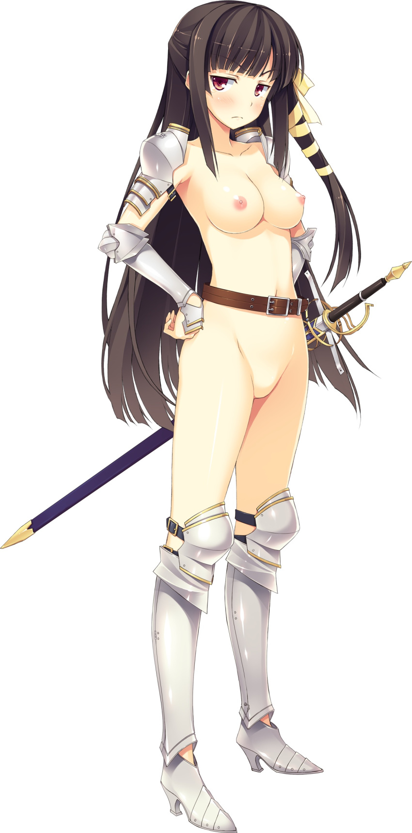 absurdres armor armored_boots black_hair boots breasts female highres koikishi_purely_kiss large_breasts long_hair long_sword no_bra no_panties nude pointy_chin sabaton_(comment_section) sabatons shidou_mana simple_background solo sword weapon white_background yuuki_hagure