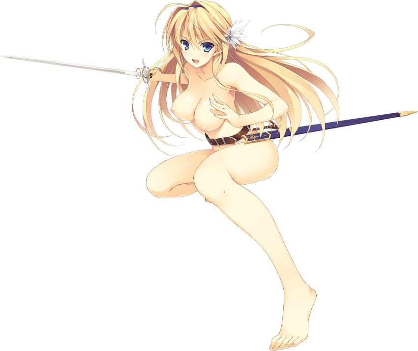 absurdres blonde_hair breasts elcia_harvence female highres koikishi_purely_kiss large_breasts long_sword nude nude_female smile solo sword weapon white_background yuuki_hagure