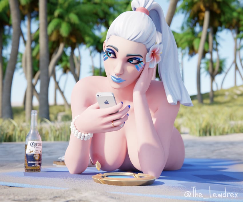 1girls 3d apple ark_(fortnite) beach big_breasts blender blue_lipstick blue_makeup breasts completely_nude completely_nude_female corona_(beer) epic_games female female_focus female_only flower flower_in_hair fortnite fortnite:_battle_royale highres holding holding_phone iphone laying_down lewdrex light-skinned_female light_skin long_hair looking_at_viewer makeup nose_piercing nude nude_female on_stomach outdoors outside phone piercing pose posing presenting side_view solo solo_focus watermark white_hair