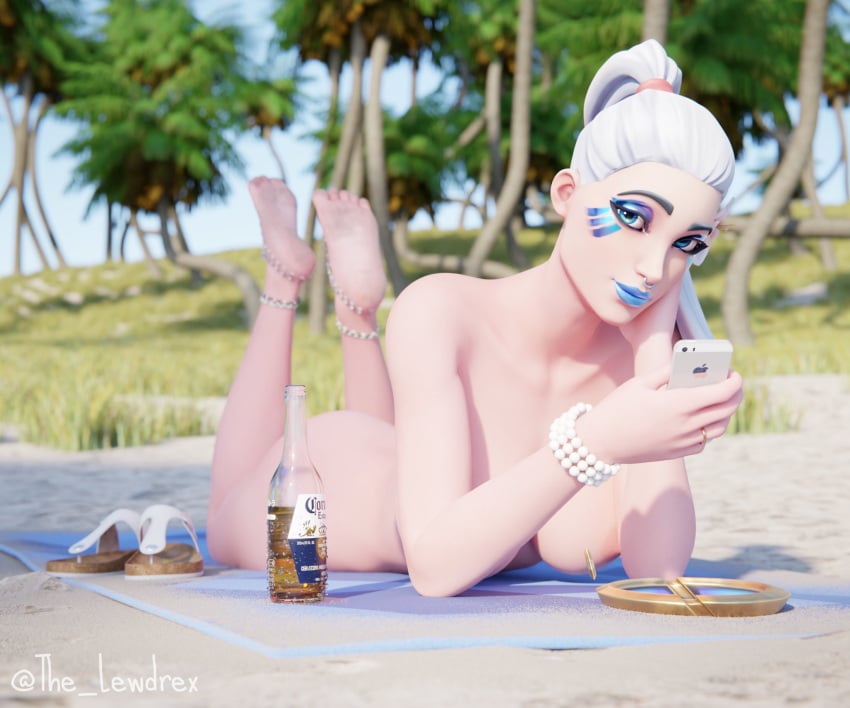 1girls 3d apple ark_(fortnite) barefoot beach big_breasts blender blue_lipstick blue_makeup breasts completely_nude completely_nude_female corona_(beer) epic_games feet female female_focus female_only flower flower_in_hair fortnite fortnite:_battle_royale highres holding holding_phone iphone laying_down lewdrex light-skinned_female light_skin long_hair looking_at_viewer makeup nose_piercing nude nude_female on_stomach outdoors outside phone piercing pose posing presenting soles solo solo_focus toes watermark white_hair