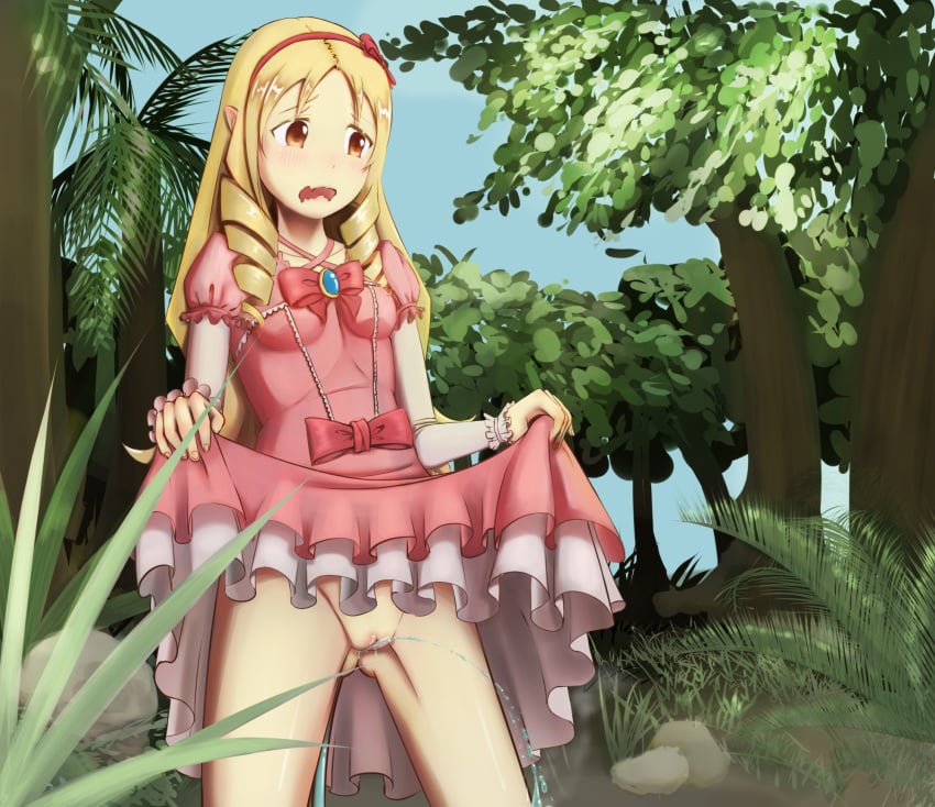 blonde_hair bow breasts collarbone dress dress_lift drill_hair eromanga_sensei female gluteal_fold grass legs_apart lifted_by_self long_sleeves looking_down no_panties open_mouth outdoors peeing pink_dress pink_sleeves plant pointy_ears pussy red_bow rock small_breasts standing tree twin_drills uncensored urine yamada_elf