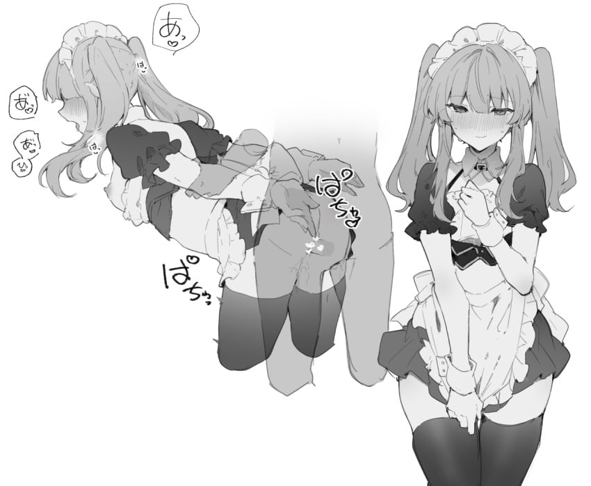 alternate_costume alternate_hairstyle anna_(ikeuchi_tanuma) apron bent_over blush censored commentary_request covering_crotch covering_privates crop_top enmaided female from_side greyscale hand_on_own_chest heart heart_censor ikeuchi_tanuma maid maid_headdress midriff monochrome multiple_views original puffy_short_sleeves puffy_sleeves sex short_sleeves simple_background sweat thighhighs translation_request twintails vaginal_penetration waist_apron wavy_mouth white_background wrist_cuffs