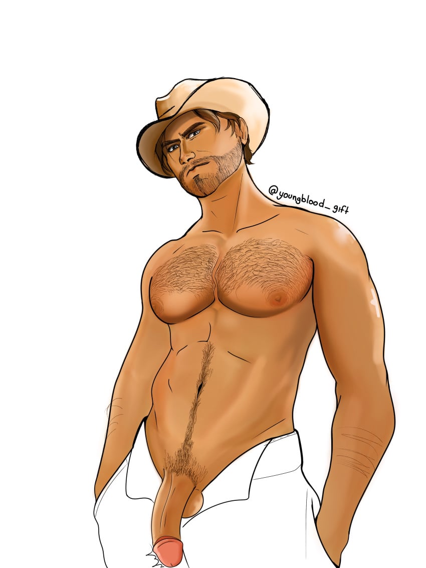 2d cowboy_hat luis_sera male_breasts male_only resident_evil resident_evil_4 resident_evil_4_remake solo solo_male