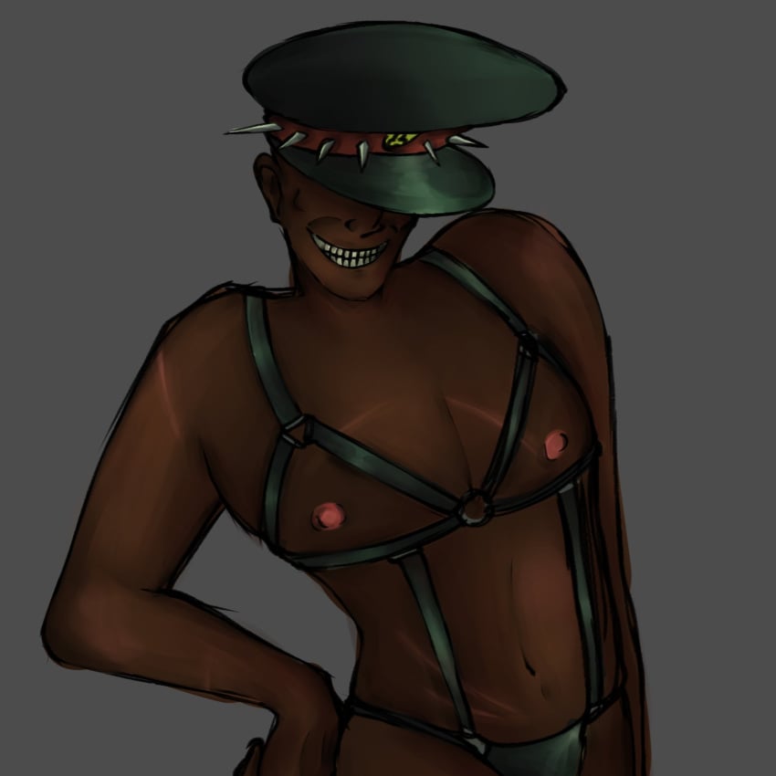 1boy altha_(pretty_blood) bondage_outfit dark-skinned_male dark_skin evil_grin eyes_covered grin grinning hat lingerie male_only nipples pretty_blood solo solo_male