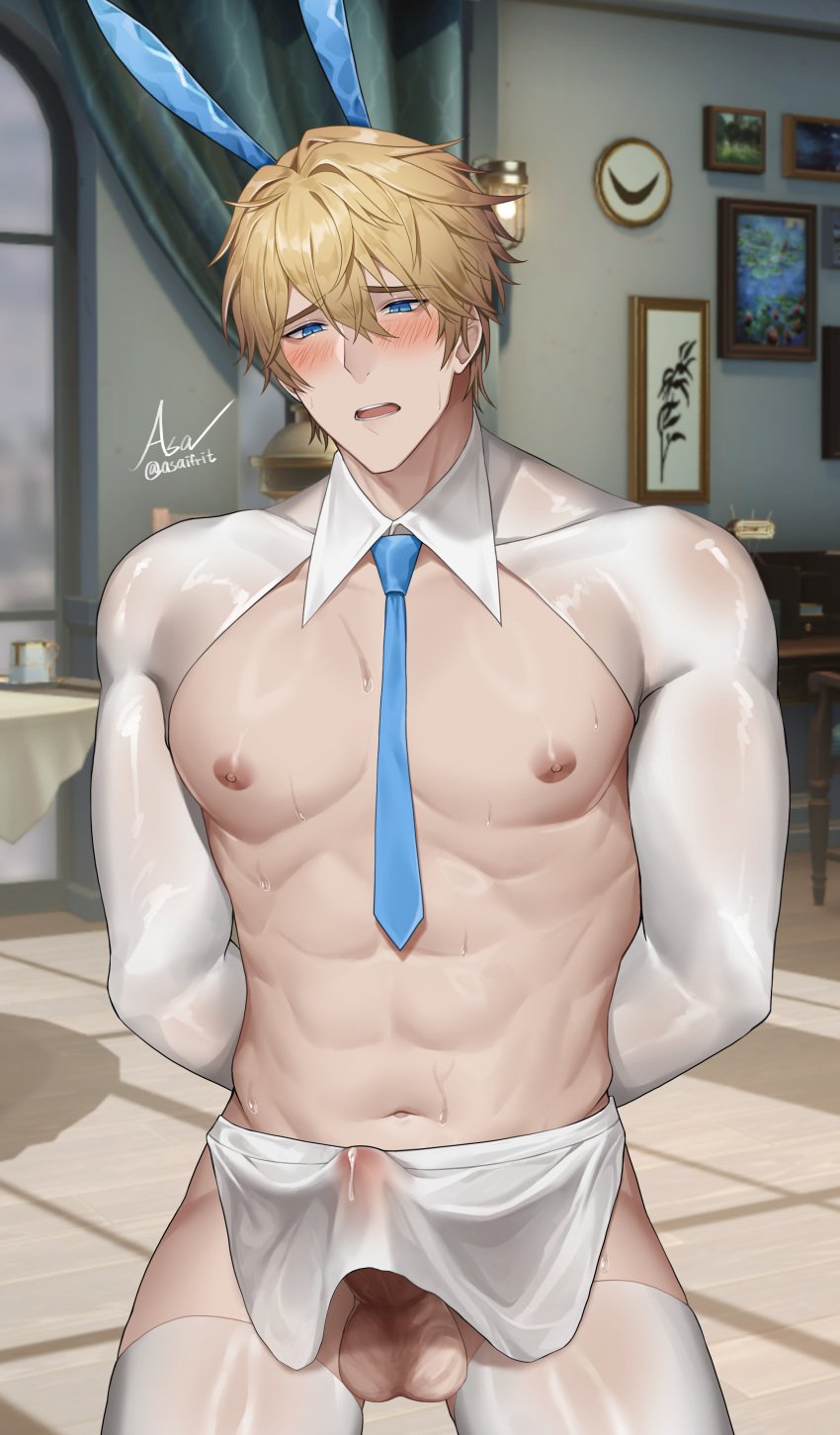 1boy absurdres animal_ears asa_ifrit_(asaifrit) blonde_hair blue_eyes blush fake_animal_ears gepard_landau hair_between_eyes highres honkai:_star_rail honkai_(series) male_focus male_only open_mouth penis playboy_bunny rabbit_ears short_hair solo thighhighs white_sleeves