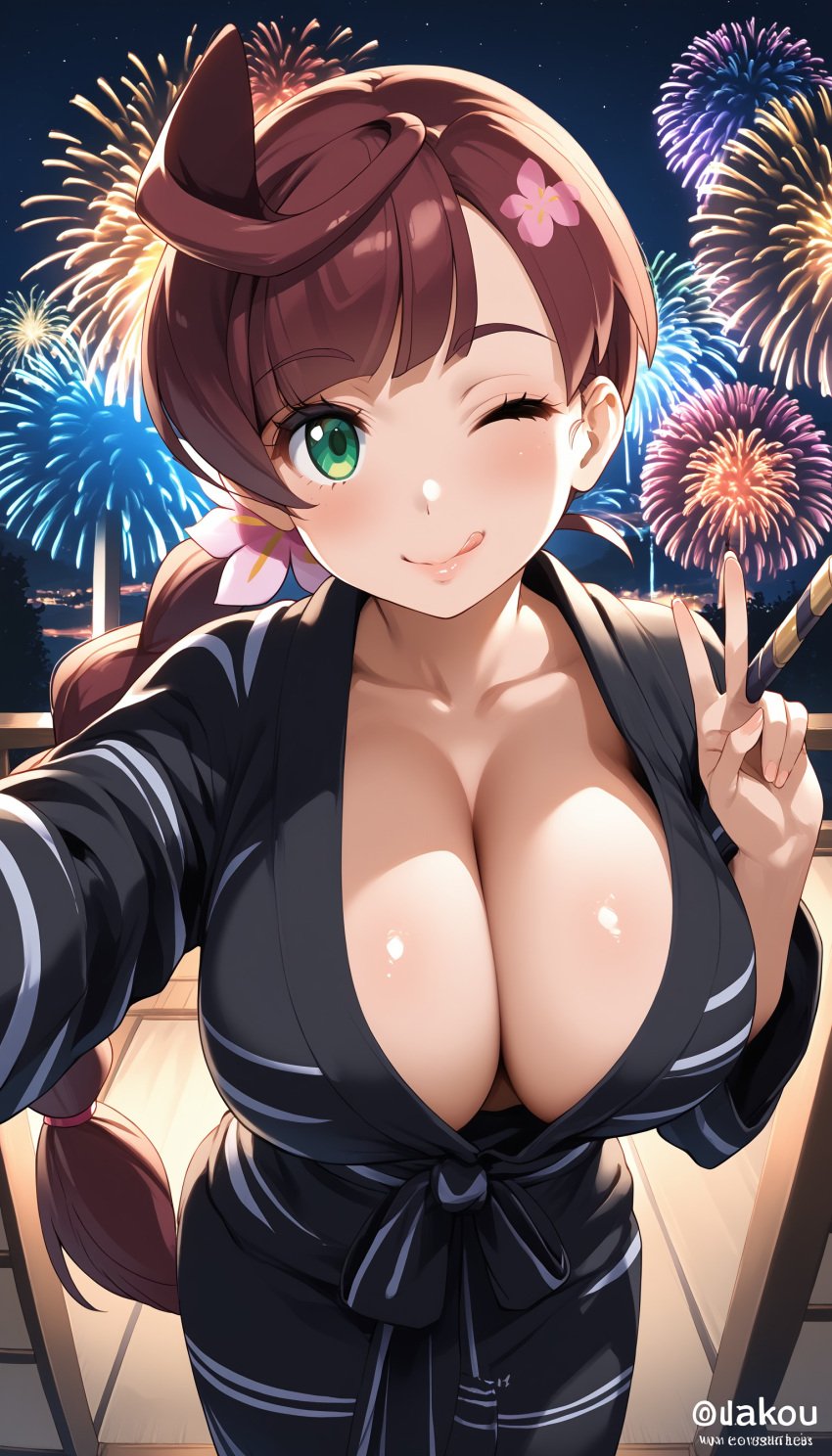 1girls ai_generated alternate_breast_size big_breasts braid braided_hair breasts chloe_(pokemon) cleavage collarbone female fireworks game_freak green_eyes huge_breasts japanese_clothes kemono large_breasts light-skinned_female light_skin long_hair new_year nintendo pokemon pokemon_anime ryuzam single_braid solo traditional_clothes