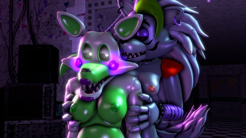 3d 4k animatronic black_eyes blush disboi215 ear_piercing earrings five_nights_at_freddy's five_nights_at_freddy's:_security_breach five_nights_at_freddy's_2 five_nights_at_freddy's_world fnaf fnaf_world glowing_eyes green_body green_hair green_nipples grey_body highres horny_female lesbian_couple mangle_(fnaf) massage pink_nipples robot rosy_cheeks roxanne_wolf_(fnaf) rubbing_breasts sfm shiny_body shoulder_massage shy shy_girl silver_body silver_hair source_filmmaker tangle_(fnaf) white_body white_eyes yuri