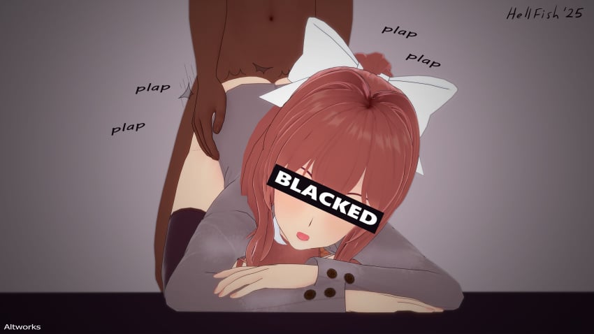 1boy 1girls 3d blacked bow breasts brown_hair censored_eyes dark-skinned_male dark_penis dark_skin doki_doki_literature_club face_down_ass_up green_eyes hand_on_butt hellfish implied_penetration implied_sex interracial koikatsu looking_at_viewer monika_(doki_doki_literature_club) nude_male_clothed_female open_clothes open_jacket panties penis plap_(sound) raceplay school_uniform sex simple_background vaginal_penetration