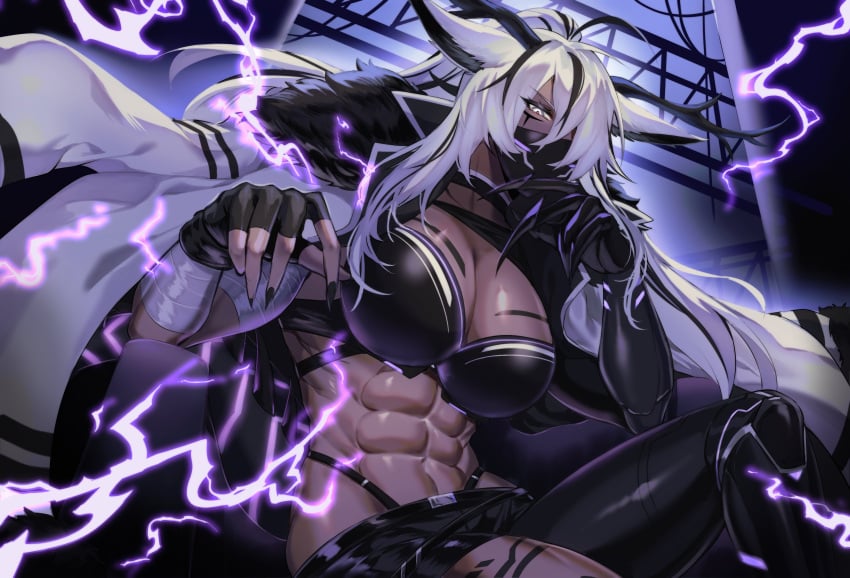 abs animal_ears big_breasts big_breasts big_breasts bra breasts breasts breasts clothed clothes clothing dark_skinned_female electricity female female_focus female_only gloves jacket_on_shoulders jakcet kozunya_cz mask masked masked_female misunakaziya muscular muscular_female pants sharp_nails straps tattoo tattoos vtuber vtuberfanart white_hair