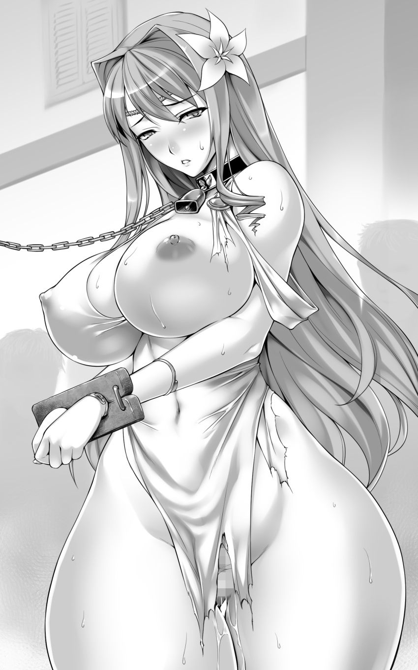 bondage breasts censored dress erect_nipples monochrome nipples no_bra nopan pussy pussy_juice rindou_aya torn_clothes wet