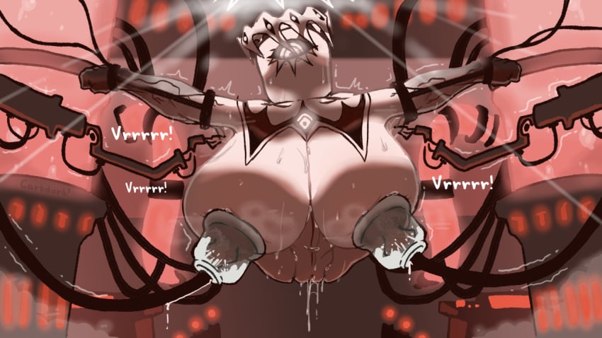 bondage bound breast_pump breasts carbdorb dripping glowing_eyes guardian_angel_(pressure) machine massive_breasts milking milking_machine no_legs pressure_(roblox) restrained roblox_game steam sweating tagme text tickling_armpits