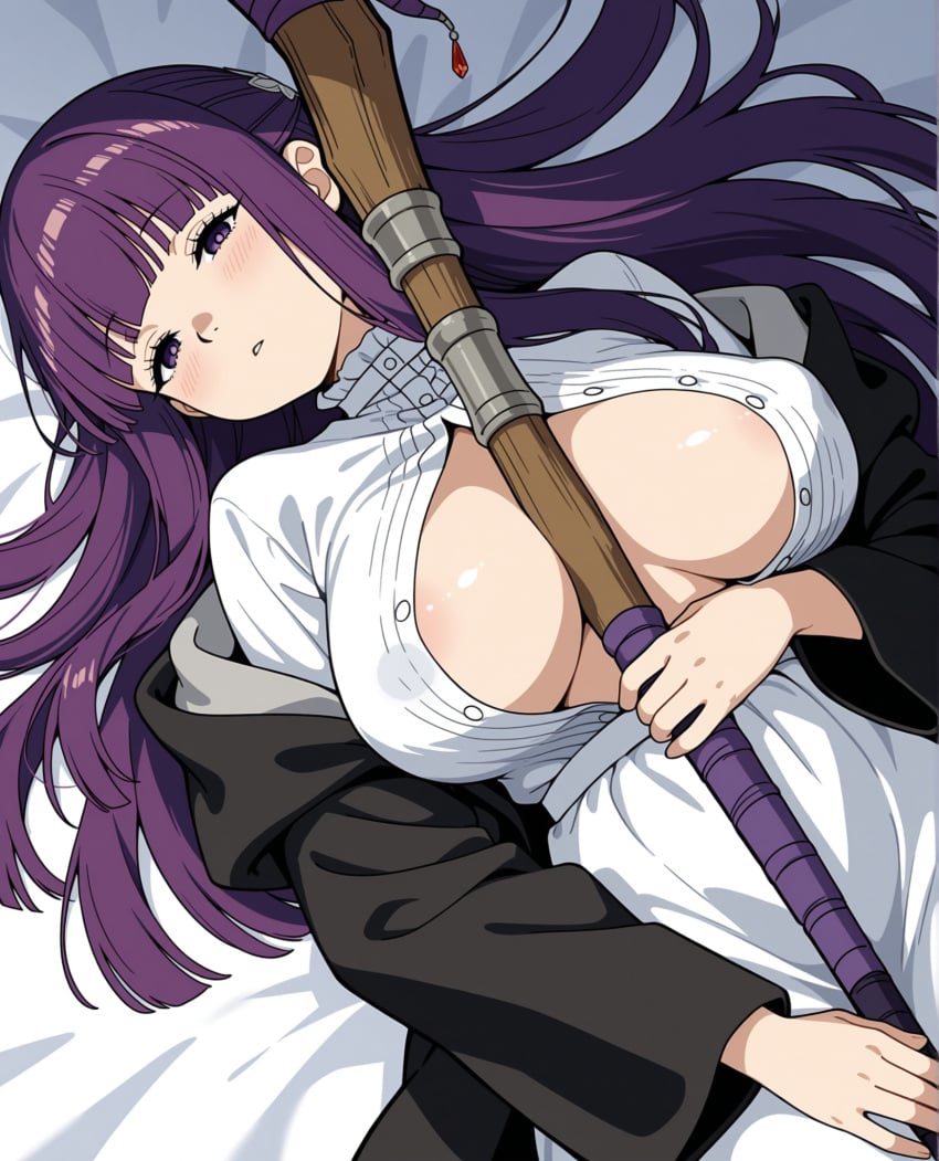 1girls ai_generated areola_slip bed bed_sheet black_robe blunt_bangs blush female fern_(sousou_no_frieren) hair_spread_out half-closed_eyes inner_sideboob large_breasts long_hair looking_at_viewer lying notreallyhere object_between_breasts on_back open_dress parted_lips perky_breasts purple_hair sidelocks solo sousou_no_frieren staff staff_between_breasts white_dress wizard