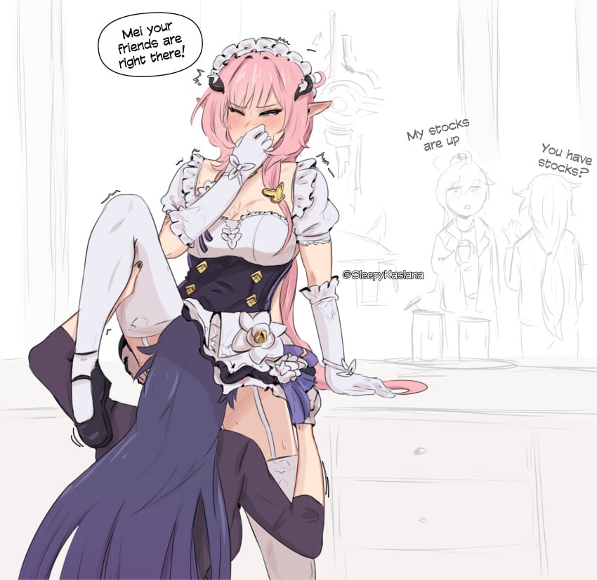 4girls absurdres artist_name black_dress black_footwear closed_eyes commentary cunnilingus dress dress_flower elbow_gloves elf elysia_(honkai_impact) elysia_(miss_pink)_(honkai_impact) elysia_(miss_pink_elf)_(honkai_impact) english_text flower fu_hua garter_straps gloves hand_on_own_face highres honkai_(series) honkai_impact_3rd kiana_kaslana long_hair maid maid_headdress mary_janes multiple_girls oral pink_hair pointy_ears puffy_short_sleeves puffy_sleeves purple_hair raiden_mei shoes short_sleeves sitting sleepy_kaslana speech_bubble symbol-only_commentary thighhighs two-tone_dress very_long_hair white_dress white_flower white_gloves white_thighhighs yuri