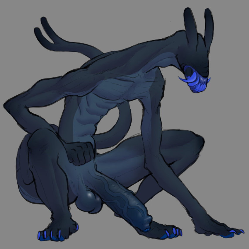 1:1 absurd_res anthro blue_teeth crouching forked_tail genitals hi_res male monster penis sharp_teeth solo tail teeth thecore34 unusual_anatomy unusual_tail