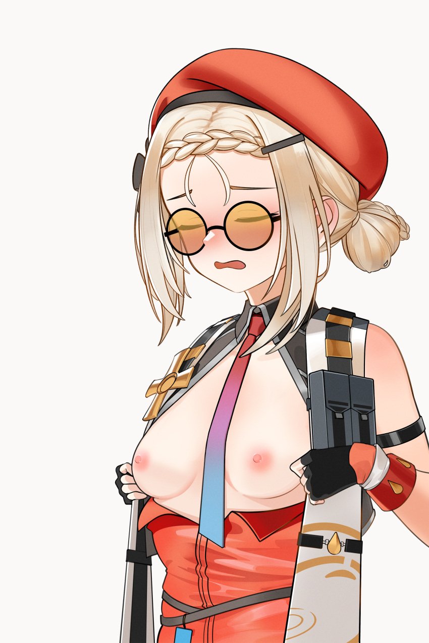 artist_request beige_hair beret braided_bangs breasts_out closed_eyes detached_cuffs fingerless_gloves girls'_frontline girls'_frontline_2:_exilium glasses gloves hair_ornament hairclip mp5_(girls'_frontline) necktie peri_(girls'_frontline_2) simple_background small_breasts tied_hair tinted_eyewear white_background