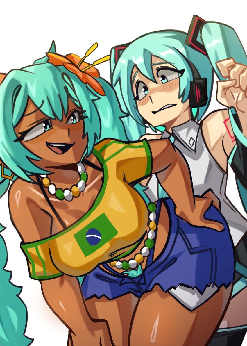 2girls bikini blue_eyes blue_hair blush brazilian_miku bubble_butt dark-skinned_female fat_ass flower_in_hair hairy_pussy hatsune_miku jean_shorts latina light-skinned_female looking_at_another looking_at_partner looking_back moxydrawsmore nervous nervous_smile pubic_hair round_ass shorts simple_background smile smiling_at_partner teasing thick_thighs thong twintails white_background wide_hips