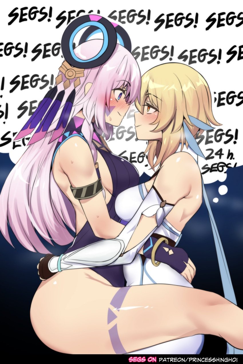 2girls ass big_breasts blonde_hair blush breasts citlali_(genshin_impact) english_text female female_focus female_only genshin_impact hinghoi light-skinned_female light_skin looking_at_another lumine_(genshin_impact) pink_hair text thighs thought_bubble wide_hips yuri