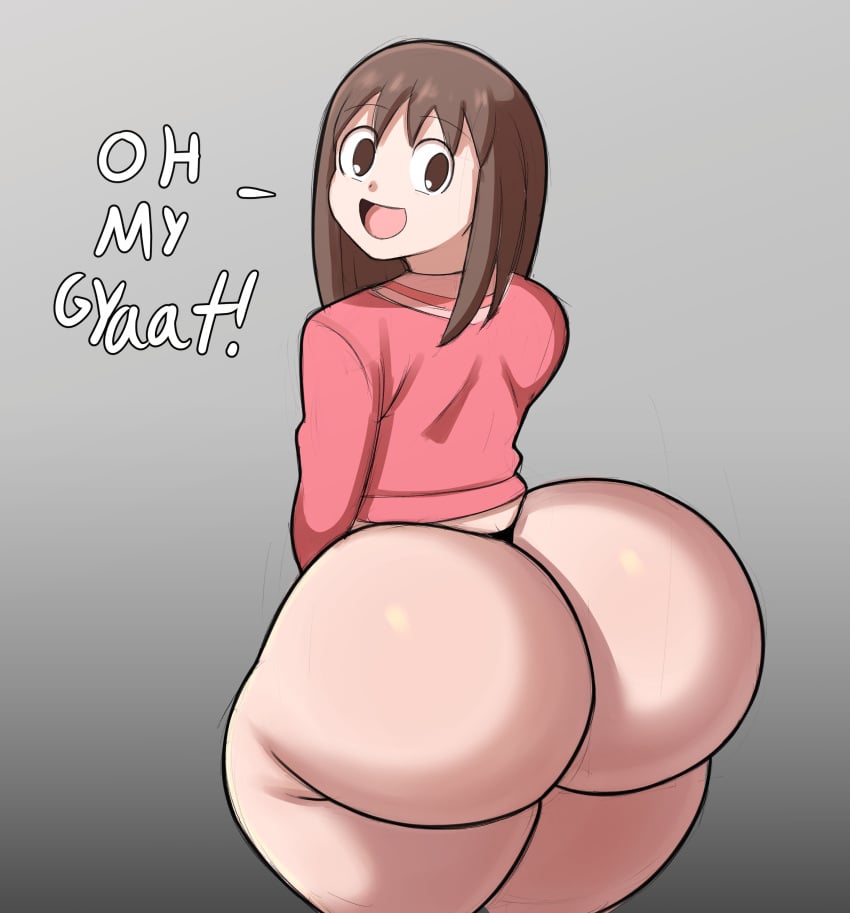 1girls 2025 2d 2d_(artwork) alternate_ass_size alternate_body_type ass ayumu_kasuga azumanga_daiou big_butt english english_text female female_only grey_background high_resolution highres jackov light-skinned_female light_skin looking_at_viewer looking_back looking_back_at_viewer osaka_ayumu_kasuga simple_background solo solo_female text