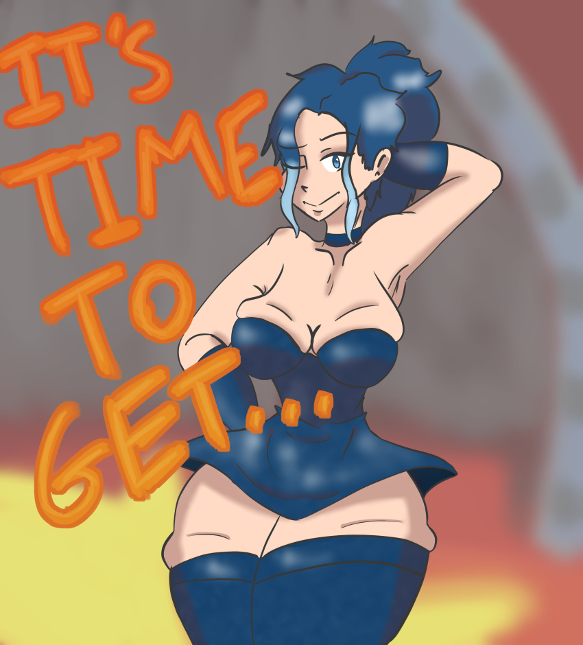 armpits blue_hair dgxxxrd lucy_(whacked!) small_dress text tight_clothes tight_dress whacked!