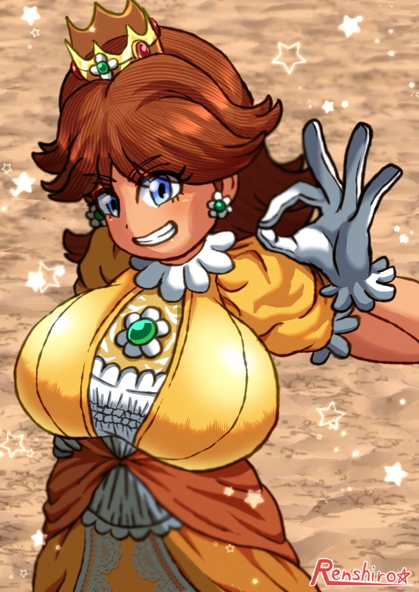 1boy 1girls 2024 2d above_view big_breasts big_thighs blue_eyes breasts_bigger_than_head brown_hair color crown ear_piercing earrings female gigantic_breasts gloves huge_breasts huge_thighs impossible_clothes large_breasts large_thighs leotard luigi male mario_(series) massive_breasts nintendo princess_daisy r0771 renshirou renzaburo0771 shiny_breasts shiny_hair shiny_skin short_hair skimpy skimpy_clothes super_mario_land tan_body tan_skin tanned tanned_female tanned_skin white_gloves