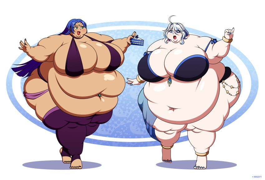 2females 2girls bbw belly belly_button belly_dancer belly_dancer_outfit big_belly big_breasts blue_hair blue_hair_female breasts cake exposed_belly exposed_belly_button exposed_fat_belly fat fat_female fat_girl fat_woman fontaine_girls furina_(genshin_impact) genshin_impact hoyoverse imsefy light-skinned_female light_skin mihoyo mihoyo_technology_(shanghai)_co._ltd. obese obese_female oc_character overweight overweight_female standing tan_skin tan_skinned_female thick_thighs thighs white_hair white_hair_female wide_hips