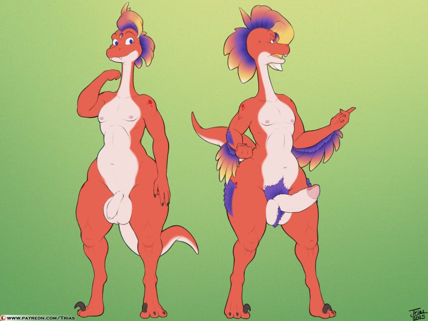 2025 4:3 anthro balls claws dinosaur dinosaurs_inc. erection feathers genitals hi_res male nipples nude nude_anthro nude_male patrick_highclaw prehistoric_species pubes pubic_feathers reptile scalie solo standing theropod thick_thighs trias troodon troodontid wide_hips