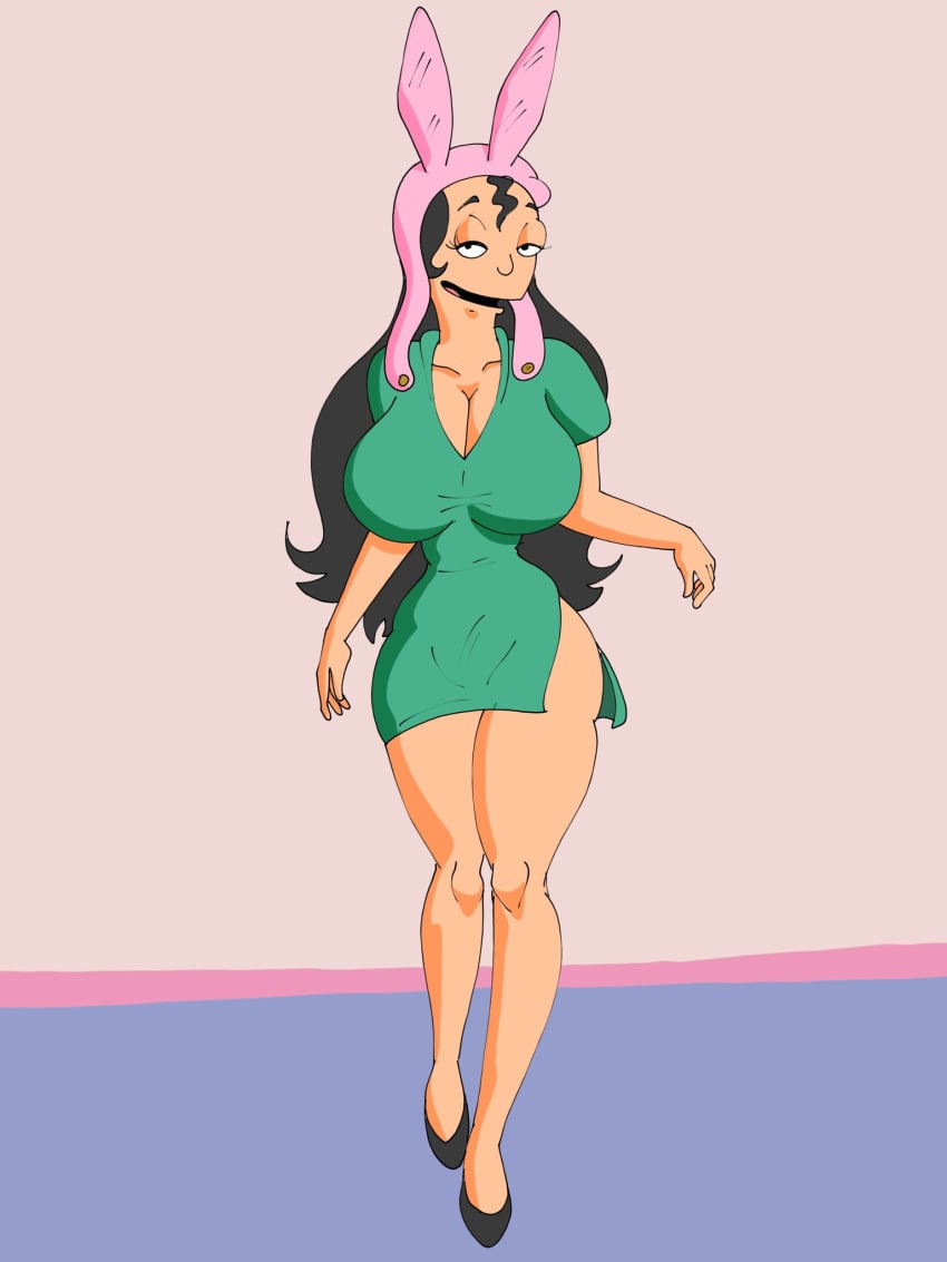 aged_up big_breasts black_hair bob's_burgers bunny_ear_hat bunny_ears female green_dress heels long_hair louise_belcher maxtlat solo solo_female tagme thick_thighs