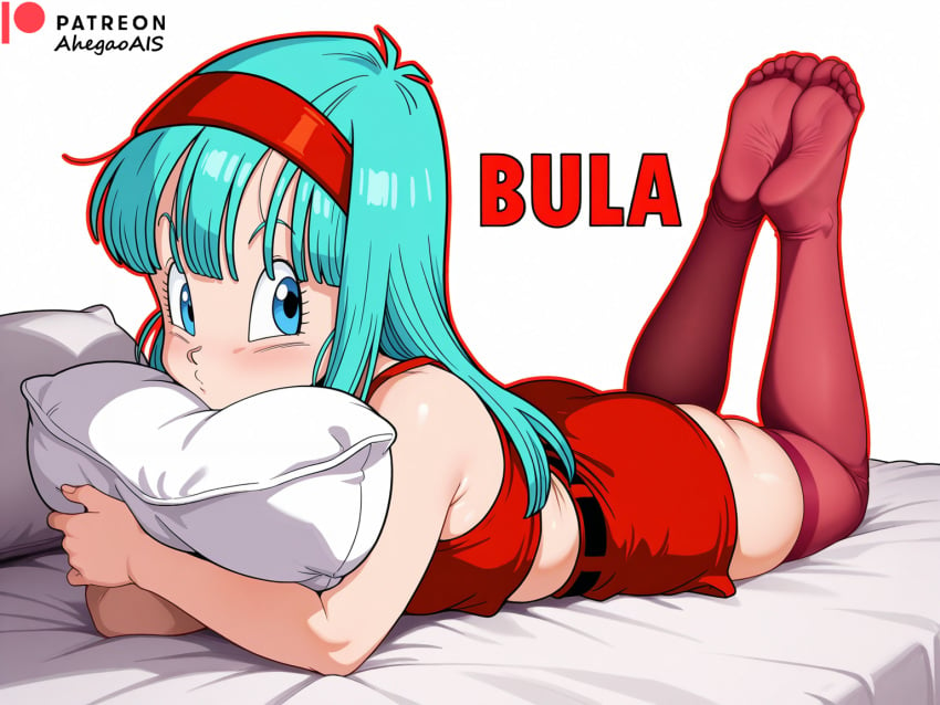 ahegao_ai ai_generated blue_eyes blue_hair bra_(dragon_ball) bra_briefs dragon_ball dragon_ball_super dragon_ball_z feet feet_focus feet_together feet_up outfit outline pillow pillow_grab pillows soles stockings thighhighs toes