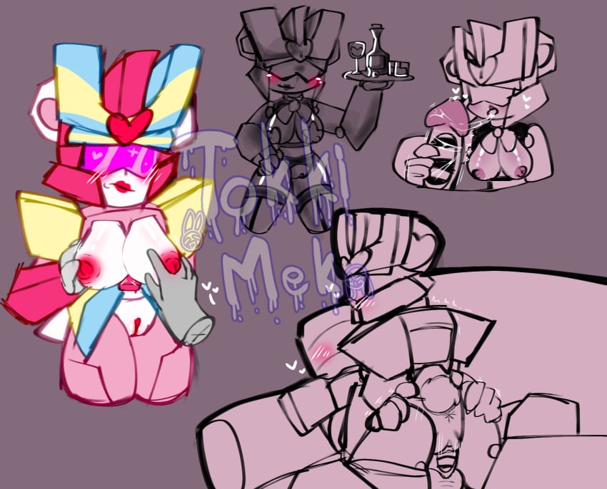 1boy 1girls bear_ears bear_girl breasts cowgirl_position hands_on_ass holding_breast holding_object lipstick medium_breasts oc on_sofa original_character penis pink_eyes pussy robot_girl robot_humanoid rosa_(tokki_meki) simple_background squeezing_breast tagme tokki_meki transformers unusual_penis vaginal_penetration vaginal_sex visor