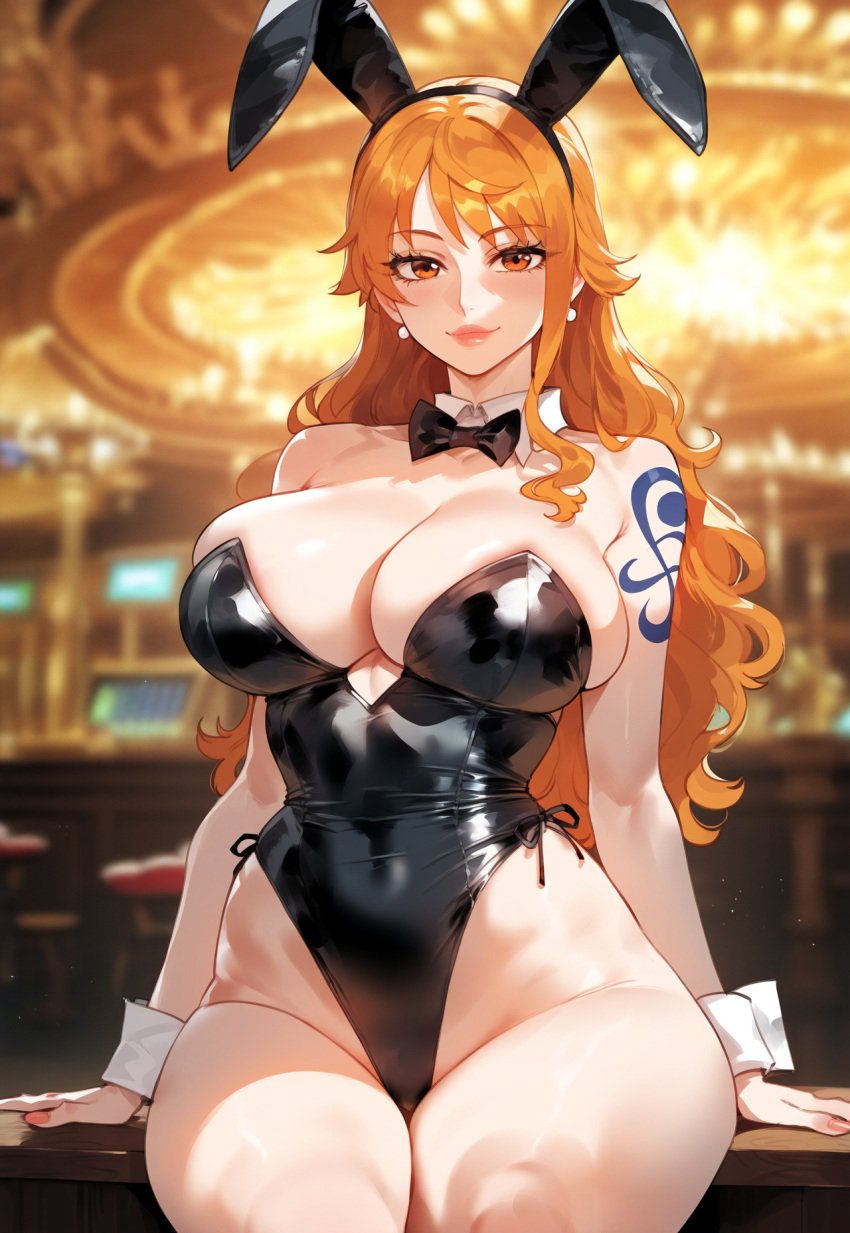 1girls ai_generated animal_ears animal_tail bangs bar_(place) bare_shoulders black_bow black_bowtie black_leotard black_neckwear blurry blurry_background blush bow bowtie breasts brown_eyes bunny_costume bunny_ears bunny_girl bunny_tail bunnysuit casino casino_table clavicle cleavage closed_mouth clothing covered_navel cowboy_shot curvaceous curvaceous_female curvaceous_figure curvy curvy_figure detached_collar earrings fake_animal_ears female female female_focus female_only highleg highleg_leotard huge_breasts indoors inviting inviting_to_sex jewelry large_breasts legwear leotard lips long_hair looking_at_viewer miyuai nami nami_(one_piece) navel neckwear one_piece orange_eyes orange_hair parted_lips playboy_bunny presenting presenting_ass presenting_breasts presenting_hindquarters presenting_self seductive seductive_look seductive_smile shiny shoulder_tattoo sidelocks sitting smile solo standing strapless strapless_leotard tail tattoo thick_thighs thighs very_long_hair voluptuous voluptuous_female wrist_cuffs