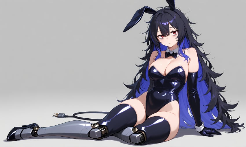 ai_generated bags_under_eyes black_gloves black_hair black_hair_female black_leotard bunny_costume bunny_ear bunny_ears bunny_girl bunny_suit bunnygirl bunnysuit electrical_cord electrical_plug_tail heels high_heels indigo_hair mechanical mechanical_arm mechanical_high_heels mechanical_leg oc original_character red_eye red_eyes red_eyes_female ren_kanekami robot_girl robot_legs robotic_arm sitting tail tired tired_expression tired_eyes tired_look