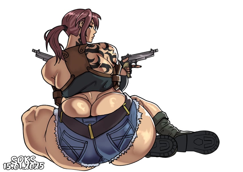 1girls alternate_body_type ass big_breasts black_lagoon denim_shorts female huge_ass huge_butt ponytail revy shorts soks(artist) tattoo