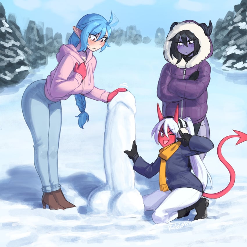 3girls :p artist_name blue_hair blue_skin breasts colored_skin demon_girl demon_horns demon_tail english_commentary forest hair_between_eyes headphones highres horns li_(rob_ishi) multiple_girls nature original penis pointy_ears ponytail red_skin rob_ishi short_hair snow tail tongue tongue_out white_hair winter winter_clothes