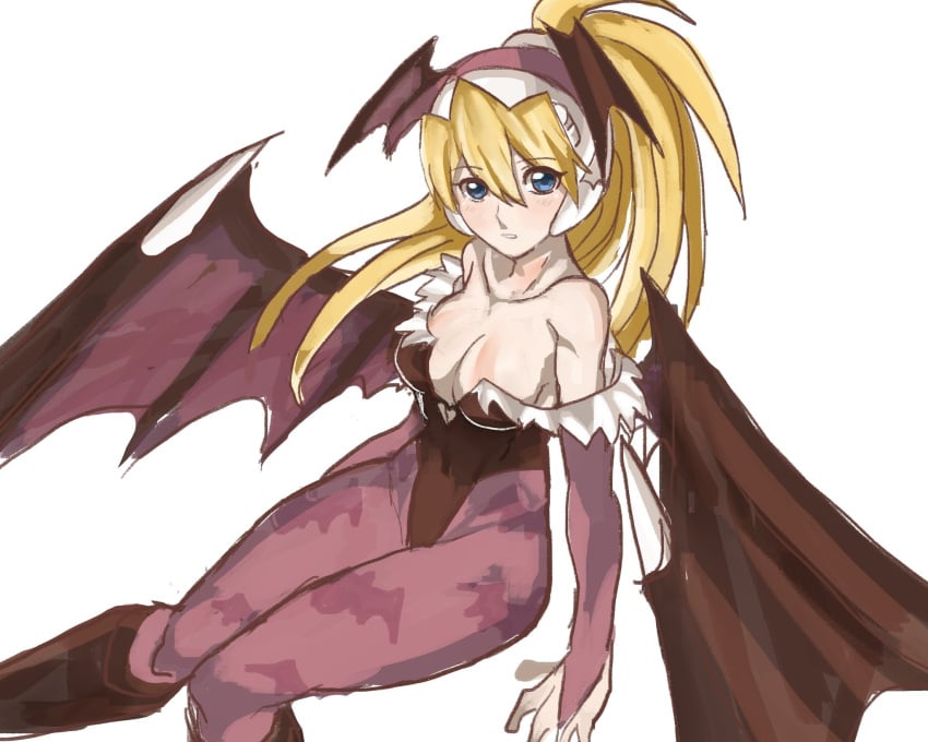 1girls animal_print bare_shoulders bat_print big_breasts black_leotard black_wings blonde_hair blue_eyes breasts ciel_(mega_man) clothing_cutout collarbone company_connection cosplay cutout_above_navel darkstalkers demon_girl demon_wings female female_only head_wings heart_cutout helmet highleg highleg_leotard highres invisible_chair khongbautroi leotard long_hair mega_man mega_man_(series) mega_man_zero mega_man_zero_(series) morrigan_aensland morrigan_aensland_(cosplay) off_shoulder pantyhose pink_helmet print_pantyhose purple_pantyhose raica_(khongbautroi) simple_background sitting solo tanaka_rie voice_actor_connection white_background wings