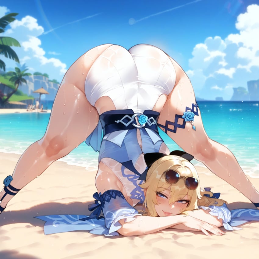 1girls ai_generated all_fours arm_rest ass ass_focus bangs bare_shoulders beach beach_towel bikini blonde_hair blue_eyes blue_rose blue_sky blush bow breasts cleavage clothing cloud curvaceous curvaceous_female curvaceous_figure curvy curvy_figure day detached_sleeves eyewear eyewear_on_head female female female_focus female_only footwear genshin_impact hair_between_eyes hair_ornament hairbow high_heels huge_ass inviting inviting_to_sex jean_(genshin_impact) jean_gunnhildr jean_gunnhildr_(sea_breeze_dandelion) large_breasts long_hair looking_at_viewer lying miyuai multiple_girls ocean on_stomach one-piece_swimsuit outdoors palm_tree ponytail presenting presenting_ass presenting_hindquarters presenting_self sand seductive seductive_look seductive_smile shoes shore sky smile solo spread_legs sunglasses sunglasses_on_head sweat swimsuit thighs tied_hair top-down_bottom-up voluptuous voluptuous_female water wet white_bikini white_swimsuit