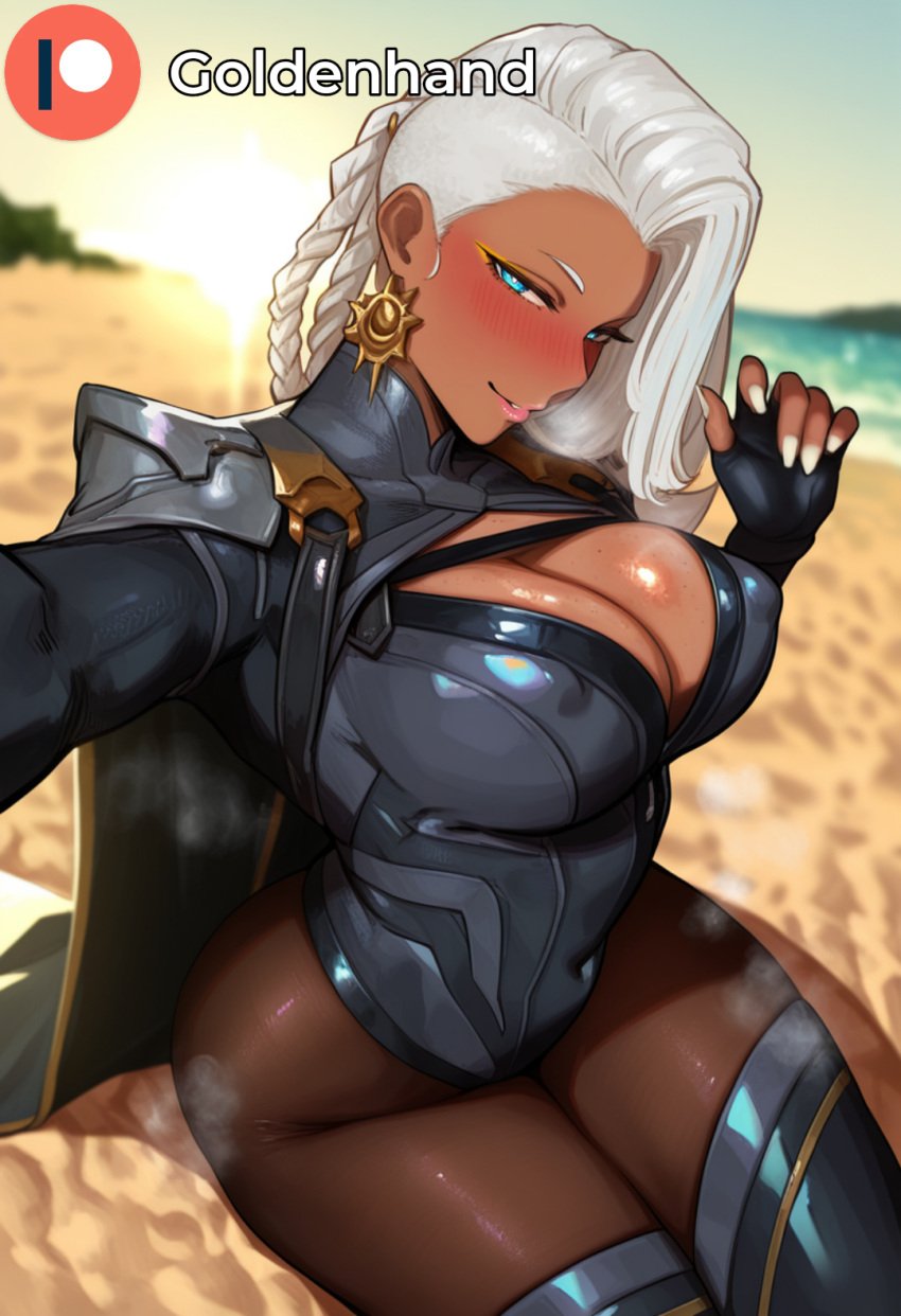 ai_generated beach black_gloves blue_eyes blurry blurry_background blush boots braid breasts cape cleavage cleavage_cutout clothing_cutout covered_navel covered_nipples dark-skinned_female dark_skin desert earrings female fingerless_gloves gloves goldenhand jewelry large_breasts leotard long_hair looking_at_viewer outdoors pantyhose reaching_towards_viewer sand seductive_smile selfie shoulder_armor sitting smile solo thigh_boots thighhighs thighs white_hair