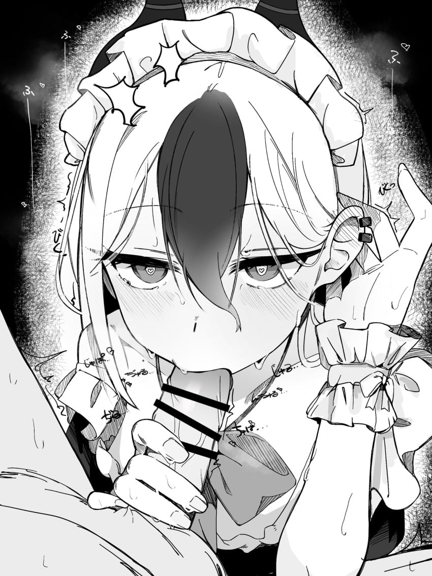 1boy bar_censor blue_archive blush censored commentary_request ear_blush erection fellatio female greyscale hair_between_eyes heart heart_in_eye highres horns kayoko_(blue_archive) maid_headdress male monochrome oral penis penis_grab pov solo_focus straight symbol_in_eye uumi_hinata