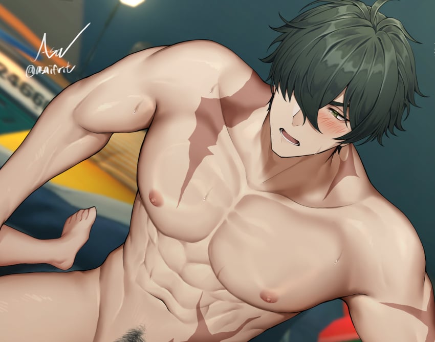 2boys asa_ifrit_(asaifrit) barefoot blush completely_nude feet green_eyes green_hair hair_over_one_eye highres lighter_(zenless_zone_zero) male_focus multiple_boys navel nipples nude open_mouth pubic_hair scar sex short_hair stomach toes yaoi zenless_zone_zero