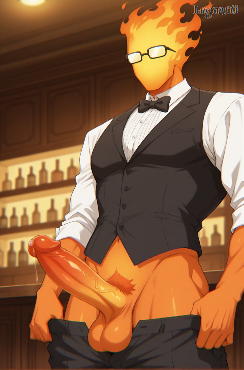 ai_generated anthro_male balls bartender bowtie eyeless eyeless_male fiery_hair fire glasses grillby large_penis legnarti male_only muscular pants_pulled_down pectorals pubic_hair standing suit undertale undertale_(series) undressing waiter