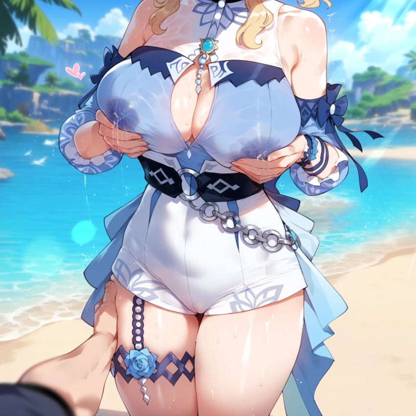 1:1_aspect_ratio 1boy 1girls ai-created ai_generated areolae bangs bare_shoulders beach belt blonde_hair blue_eyes blue_flower blue_rose blue_shirt blue_sky blush bow breast_grab breasts cameltoe chains cleavage cleavage_cutout clothing clothing_cutout cloud curvaceous curvaceous_female curvaceous_figure curvy curvy_female curvy_figure day detached_sleeves dress female female_focus flower genshin_impact grabbing groping hair_flower hair_ornament head_out_of_frame heart high-waist_shorts high_resolution huge_breasts inviting inviting_to_sex jean_(genshin_impact) jean_(sea_breeze_dandelion)_(genshin_impact) jean_gunnhildr jean_gunnhildr_(sea_breeze_dandelion) jewelry lactation large_breasts long_hair looking_at_viewer male miyuai navel nipples ocean outdoors ponytail pov presenting presenting_breasts rose sand seductive seductive_look seductive_smile see-through shirt shore shorts sidelocks sky sleeveless smile solo_focus standing straight sweat swimsuit thick_thighs thighs tied_hair voluptuous voluptuous_female water wet white_dress white_shorts