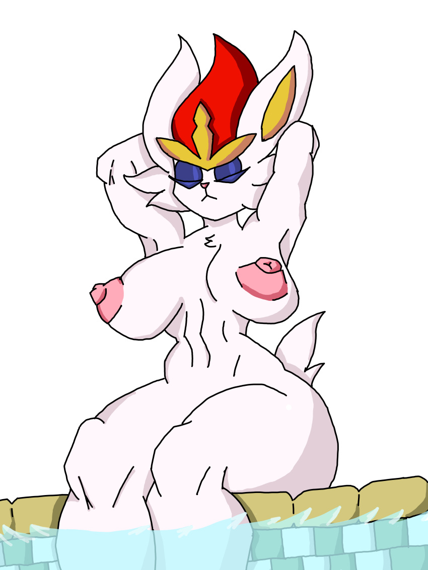 2025 3:4 absurd_res alpha_channel anthro anthro_only areola big_areola big_breasts big_nipples biped breasts brolu3 cinderace closed_eyes female fur generation_8_pokemon hi_res huge_areola huge_breasts huge_nipples nintendo nipple_dip nipples nude outside pokemon pokemon_(species) puffy_areola sitting solo thick_thighs white_body white_fur wide_hips