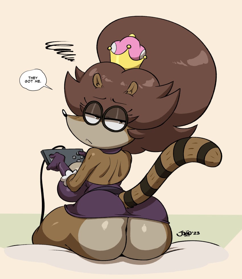 1girls anthro ass brown_hair cartoon_network english_text female genderswap_(mtf) joaoppereiraus looking_at_viewer looking_back mtf_transformation procyonid raccoon regular_show rigbette_(benson_dancing) rule_63 solo_female super_crown tagme tail talking_to_viewer text text_bubble