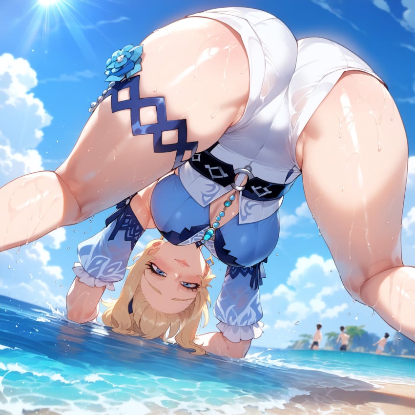 1girls ai_generated all_fours ass bangs bare_shoulders beach bent_over bikini blonde_hair blue_eyes blue_flower blue_rose blue_sky blush breasts cameltoe cleavage clothing cloud curvaceous curvaceous_female curvaceous_figure curvy curvy_figure day detached_sleeves dress female female female_focus genshin_impact hair_ornament inviting inviting_to_sex jean_(genshin_impact) jean_gunnhildr jean_gunnhildr_(sea_breeze_dandelion) jewelry large_breasts long_hair looking_at_viewer male miyuai multiple_boys multiple_girls navel ocean one-piece_swimsuit open_mouth outdoors partially_submerged ponytail presenting presenting_ass presenting_hindquarters presenting_self sand seductive seductive_look seductive_smile see-through shore short_hair shorts sky smile solo solo_focus sweat swimsuit thighs tied_hair voluptuous voluptuous_female water wet white_bikini white_one-piece_swimsuit white_swimsuit